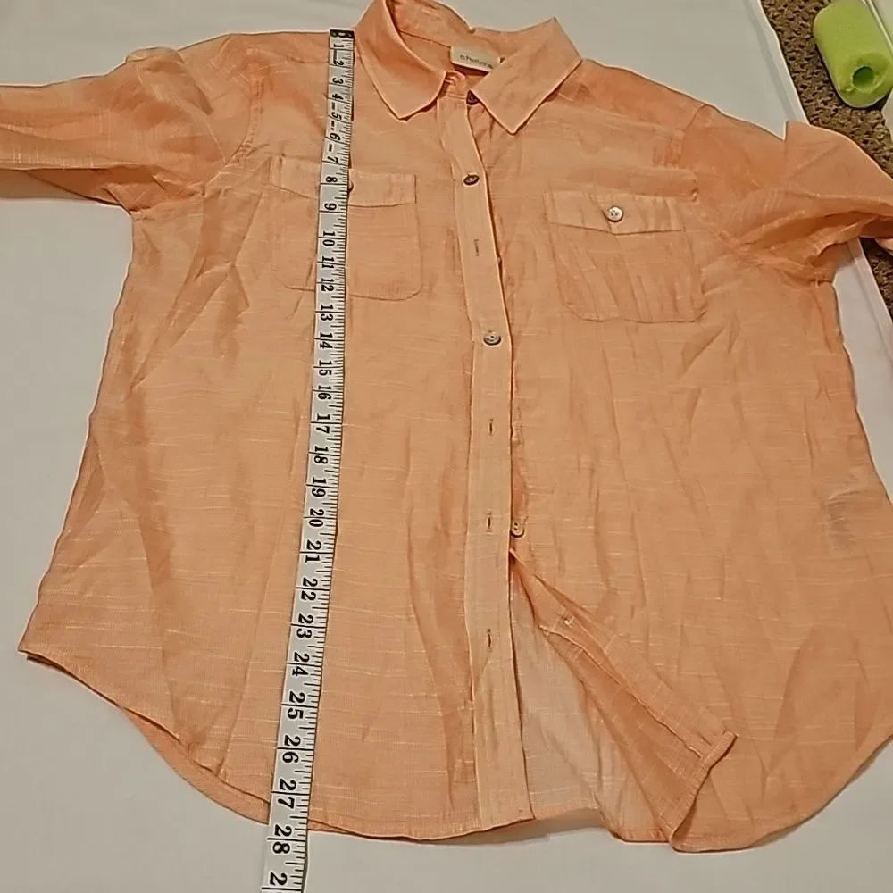 Chicos Womens Orange Blouse Sz 1 Large Roll Tab Sleeve Top Coastal Shirt